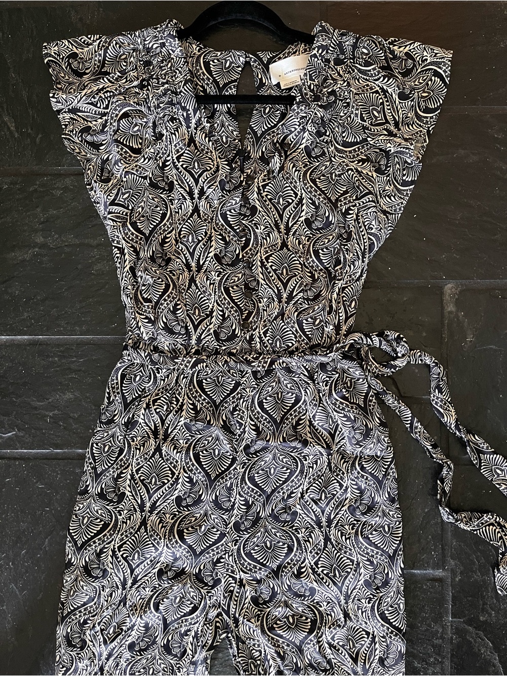 Anthropologie Black & White Paisley-Print V-Neck Tie-Waist Jumpsuit - Picture 4 of 11